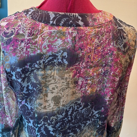 Coldwater Creek  silk blouse sheer sleeves  V-neck/buttons  pink blue sage NWT - Picture 12 of 15